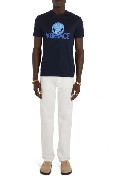 Shop Versace Medusa Cotton Jersey Graphic T-shirt In Navy Blue