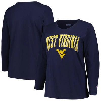 Shop Profile Navy West Virginia Mountaineers Plus Size Arch Over Logo Scoop Neck Long Sleeve T-shirt
