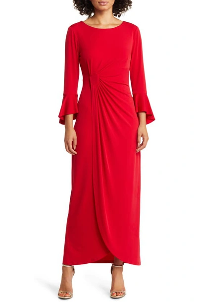 Shop Connected Apparel Bell Sleeve Gathered Waist Gown In Apple Red