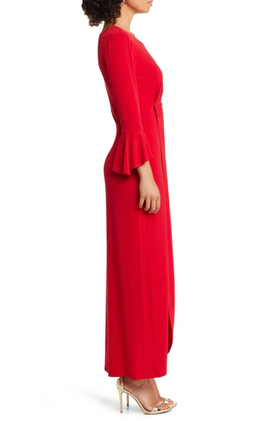Shop Connected Apparel Bell Sleeve Gathered Waist Gown In Apple Red