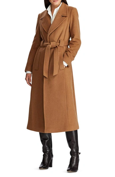 Shop Lauren Ralph Lauren Belted Longline Wool Blend Wrap Coat In New Vicuna