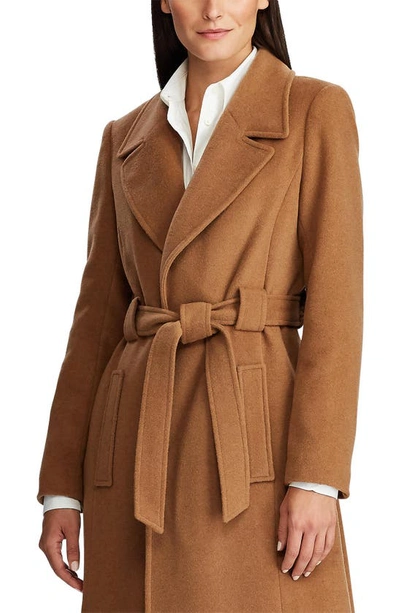 Shop Lauren Ralph Lauren Belted Longline Wool Blend Wrap Coat In New Vicuna