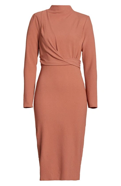 Shop Asos Design Twist Front Padded Shoulder Long Sleeve Crepe Dress In Pink