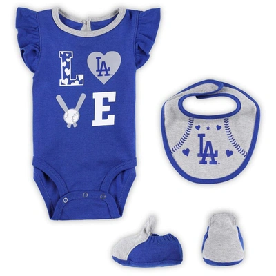 Shop Outerstuff Newborn & Infant Royal/heather Gray Los Angeles Dodgers Three-piece Love Of Baseball Bib Bodysuit & 