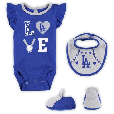 Outerstuff Newborn & Infant Royal/heather Gray Los Angeles Dodgers Three-piece Love Of Baseball Bib Bodysuit & In Royal