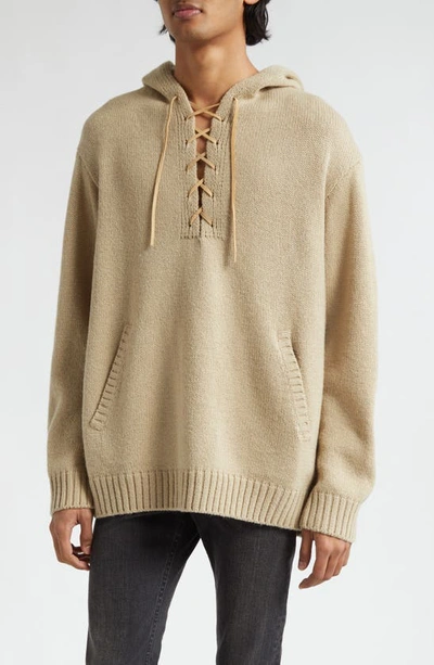 Shop Undercover Lace-up Wool Sweater Hoodie In Beige
