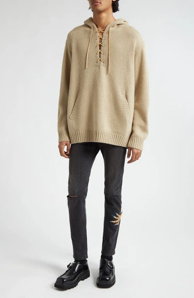 Shop Undercover Lace-up Wool Sweater Hoodie In Beige