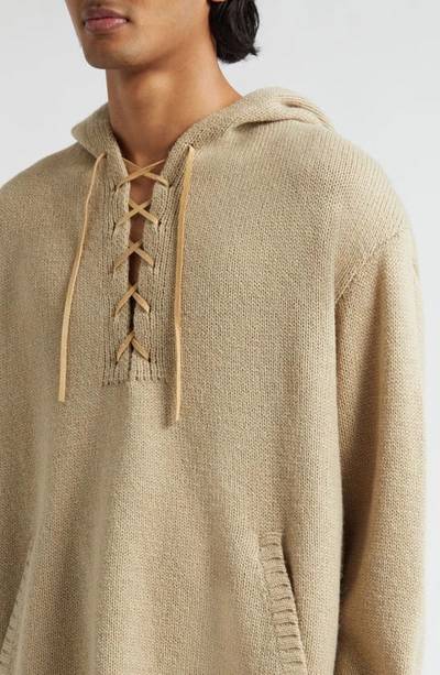 Shop Undercover Lace-up Wool Sweater Hoodie In Beige
