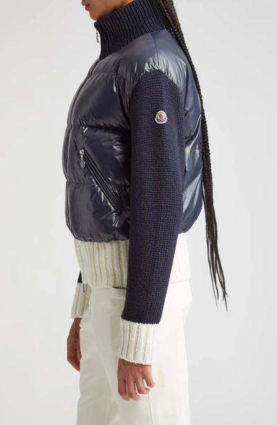 Shop Moncler Mixed Media Quilted Down Cardigan In Blue Navy