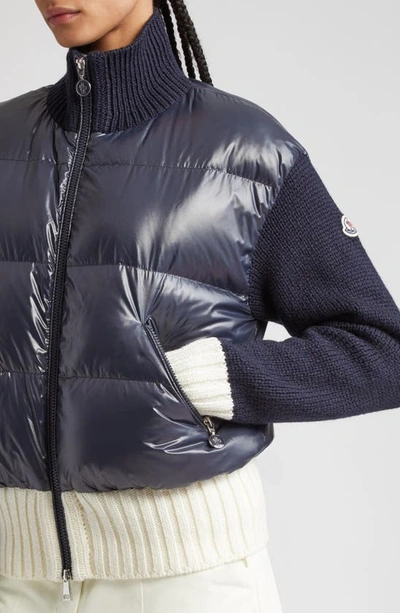 Shop Moncler Mixed Media Quilted Down Cardigan In Blue Navy