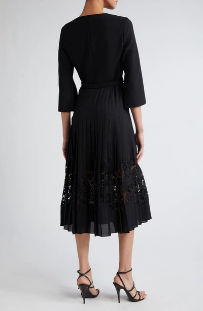 Shop Oscar De La Renta Pleated Skirt Mixed Media Midi Dress In Black