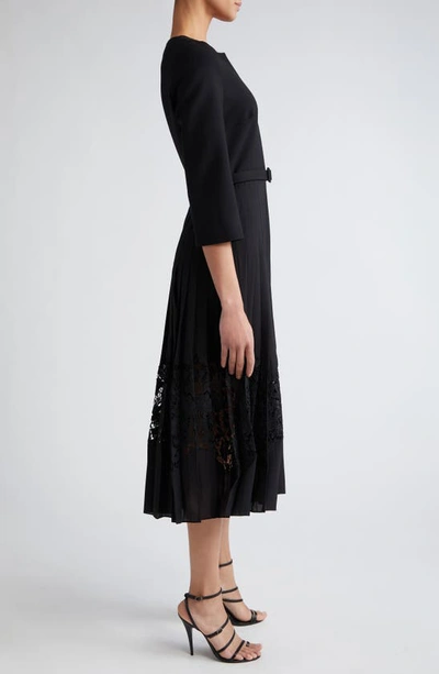 Shop Oscar De La Renta Pleated Skirt Mixed Media Midi Dress In Black