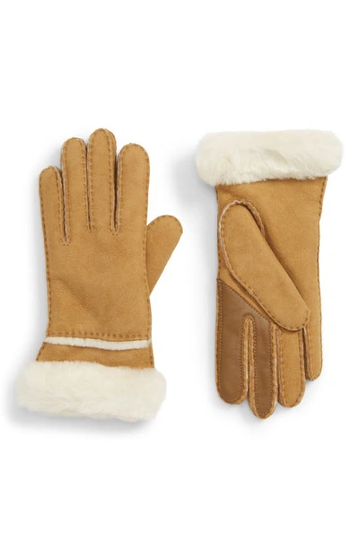 Shop Ugg Seamed Touchscreen Compatible Genuine Shearling Gloves In Chestnut