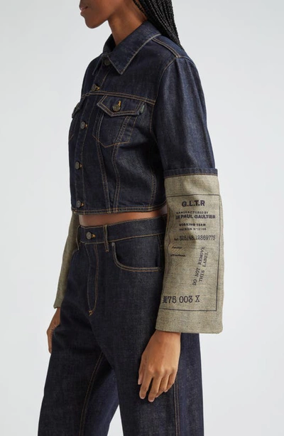 Shop Jean Paul Gaultier Label Graphic Crop Denim Jacket In Indigo