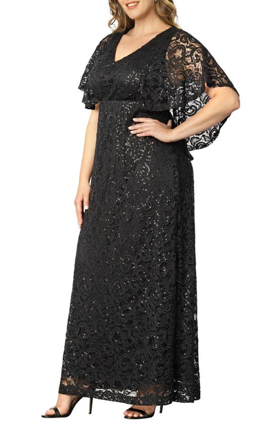 Shop Kiyonna Celestial Cape Sleeve Lace Gown In Onyx