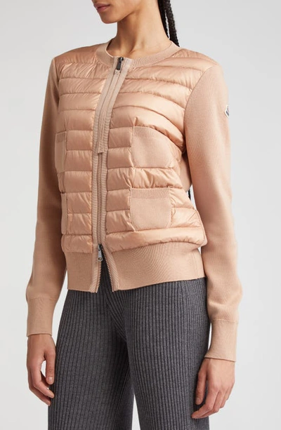 Shop Moncler Mixed Media Quilt Front Wool Cardigan In Dark Pink