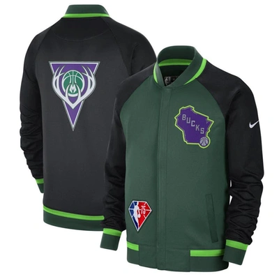 Shop Nike Green/black Milwaukee Bucks 2021/22 City Edition Therma Flex Showtime Full-zip Bomber Jacket In Hunter Green