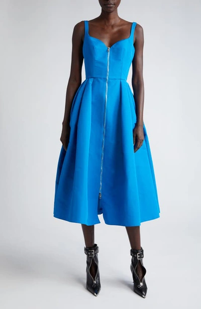 Shop Alexander Mcqueen Exposed Zip Sleeveless Faille Corset Dress In Lapis Blue