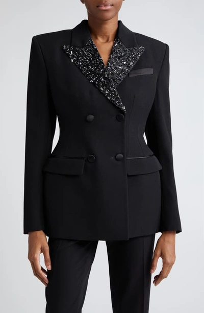 Shop Versace Baroccodile Beaded Lapel Double Breasted Virgin Wool Blazer In Black
