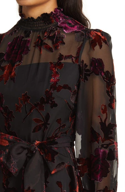 Shop Eliza J Smocked Trim Long Sleeve Velvet Burnout Dress In Black