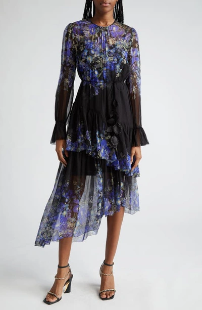 Shop Zimmermann Lyrical Iris Print Tiered Ruffle Long Sleeve Silk Georgette Midi Dress In Blue Iris Black