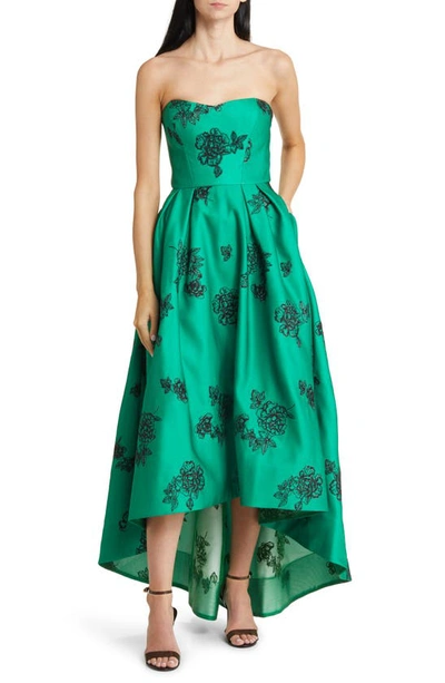 Shop Marchesa Notte Embroidered Metallic Floral Strapless High-low Gown In Emerald Combo