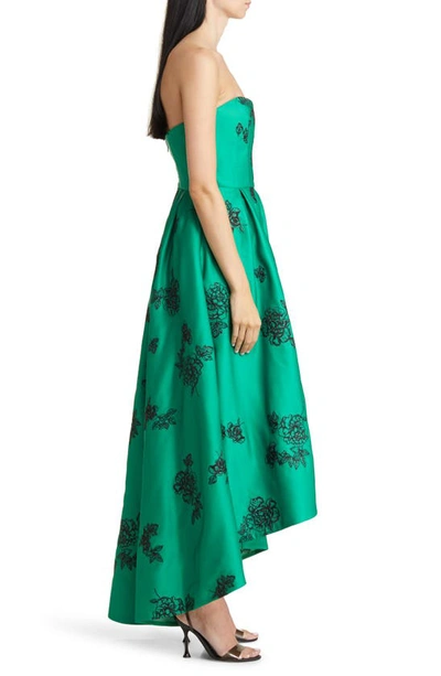 Shop Marchesa Notte Embroidered Metallic Floral Strapless High-low Gown In Emerald Combo
