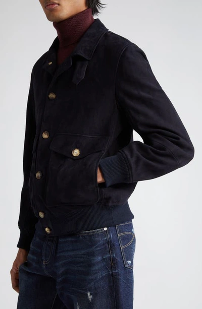 Shop Brunello Cucinelli Suede Button-up Blouson Jacket In Navy