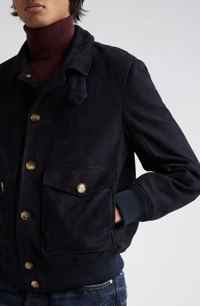 Shop Brunello Cucinelli Suede Button-up Blouson Jacket In Navy