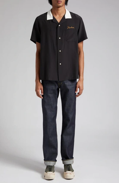 Shop Visvim Hacking Embroidered Silk Satin Bowling Shirt In Black