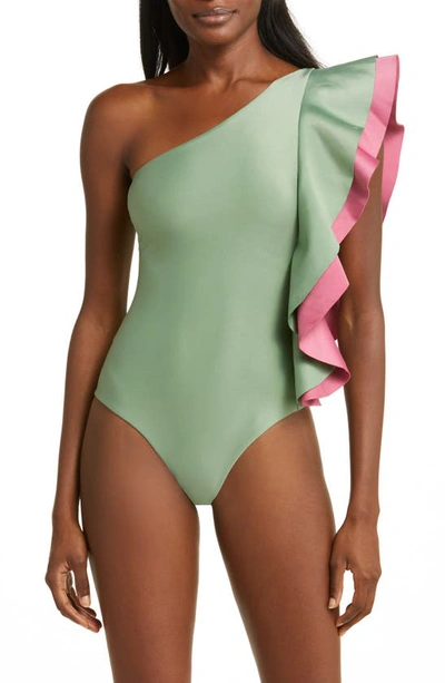 Shop Farm Rio Ruffle One-shoulder One-piece Swimsuit In Green