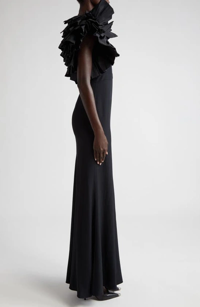 Shop Alexander Mcqueen Exaggerated Ruffle Faille & Crepe Column Gown In 1000 Black