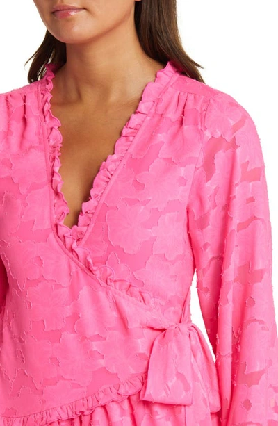 Shop Asos Design Long Sleeve Jacquard Wrap Dress In Pink