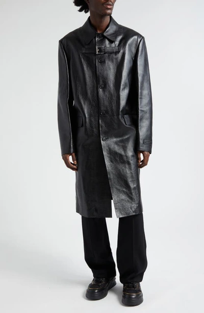 Shop Versace Strap Detail Calfskin Leather Coat In Black