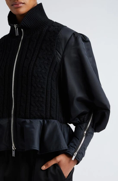 Shop Noir Kei Ninomiya Mixed Media Peplum Bomber Jacket In Black