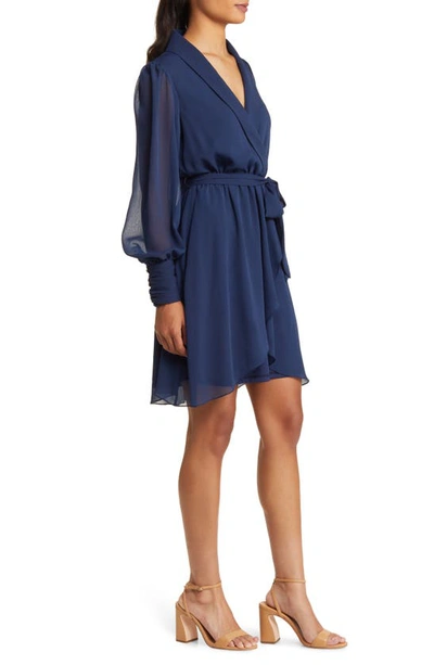 Shop Julia Jordan Long Sleeve Chiffon Faux Wrap Dress In Navy