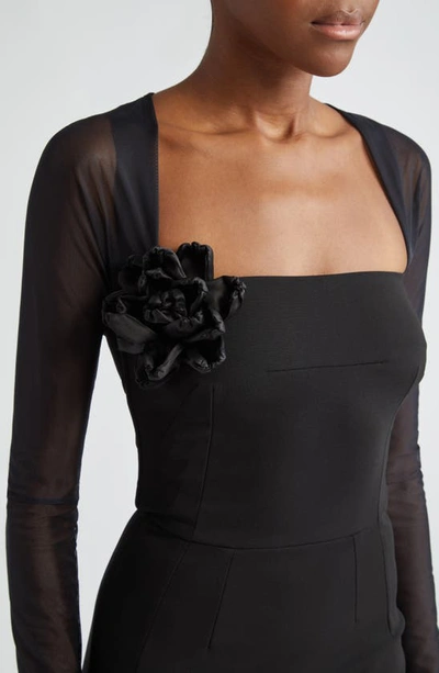 Shop Dolce & Gabbana Rose Detail Long Sleeve Tulle & Jersey Midi Dress In Black