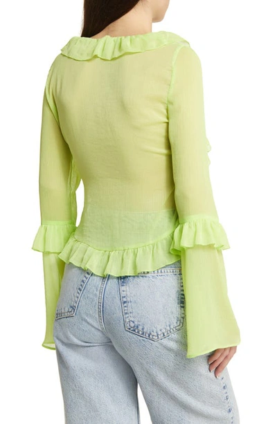 Shop Asos Design Tie Front Ruffle Blouse In Medium Green