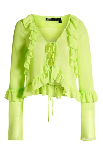 Shop Asos Design Tie Front Ruffle Blouse In Medium Green