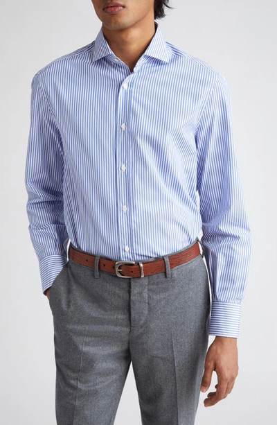 Shop Brunello Cucinelli Basic Fit Stripe Button-up Shirt In C030-white / Blue