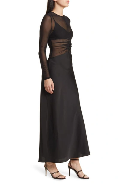 Shop Misha Collection Ginger Sheer Long Sleeve Mixed Media Gown In Black