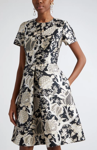 Shop Carolina Herrera Chalet Floral Jacquard Fit & Flare Dress In Black/ White