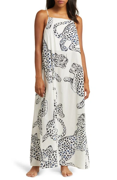 Shop Desmond & Dempsey Print Square Neck Linen Nightgown In Jag Cream