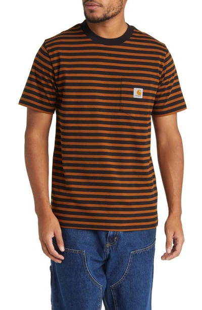 Shop Carhartt Seidler Stripe Logo Pocket T-shirt In Deep Brown / Black