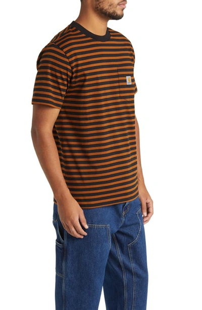 Shop Carhartt Seidler Stripe Logo Pocket T-shirt In Deep Brown / Black