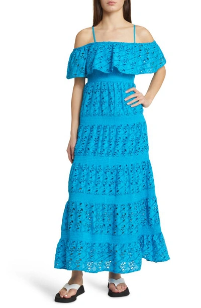 Shop Topshop Eyelet Embroidered Cold Shoulder Cotton Maxi Dress In Medium Blue