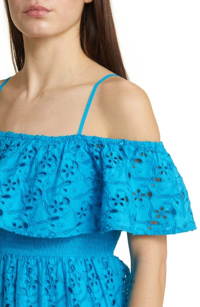 Shop Topshop Eyelet Embroidered Cold Shoulder Cotton Maxi Dress In Medium Blue