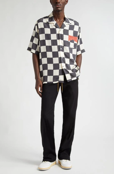Shop Rhude Broken Checkerboard Silk Camp Shirt In Ivory/ Black/ Red