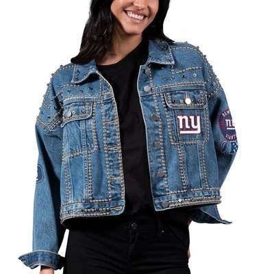 Shop G-iii 4her By Carl Banks New York Giants First Finish Medium Denim Full-button Jacket In Blue