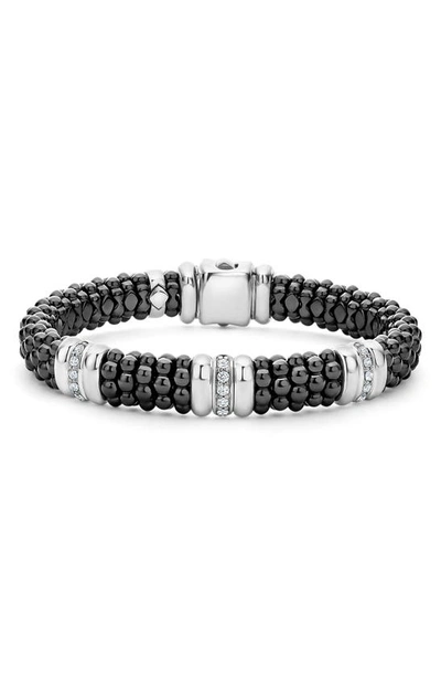Shop Lagos Black Caviar Ceramic Diamond Station Bracelet In Silver